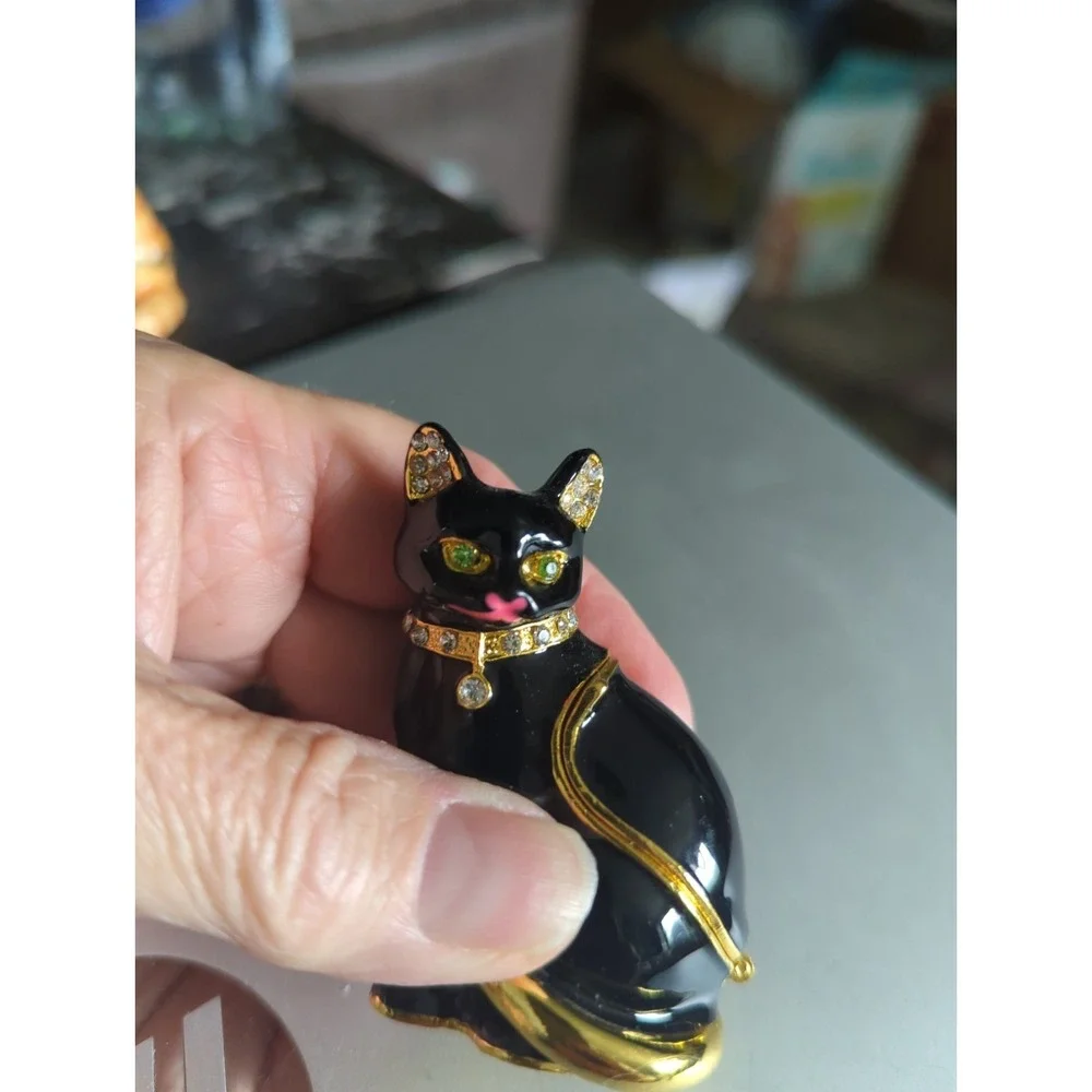Black Cat Trinket Box Hinged Jeweled Collar Enameled  Heavy - Black Pink